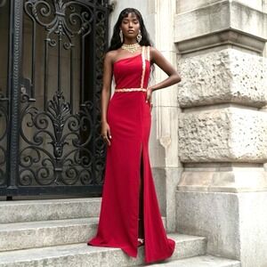 Mgiacy Womens Red One Shoulder Gold Sequin Embellished Maxi Gown Slit Large